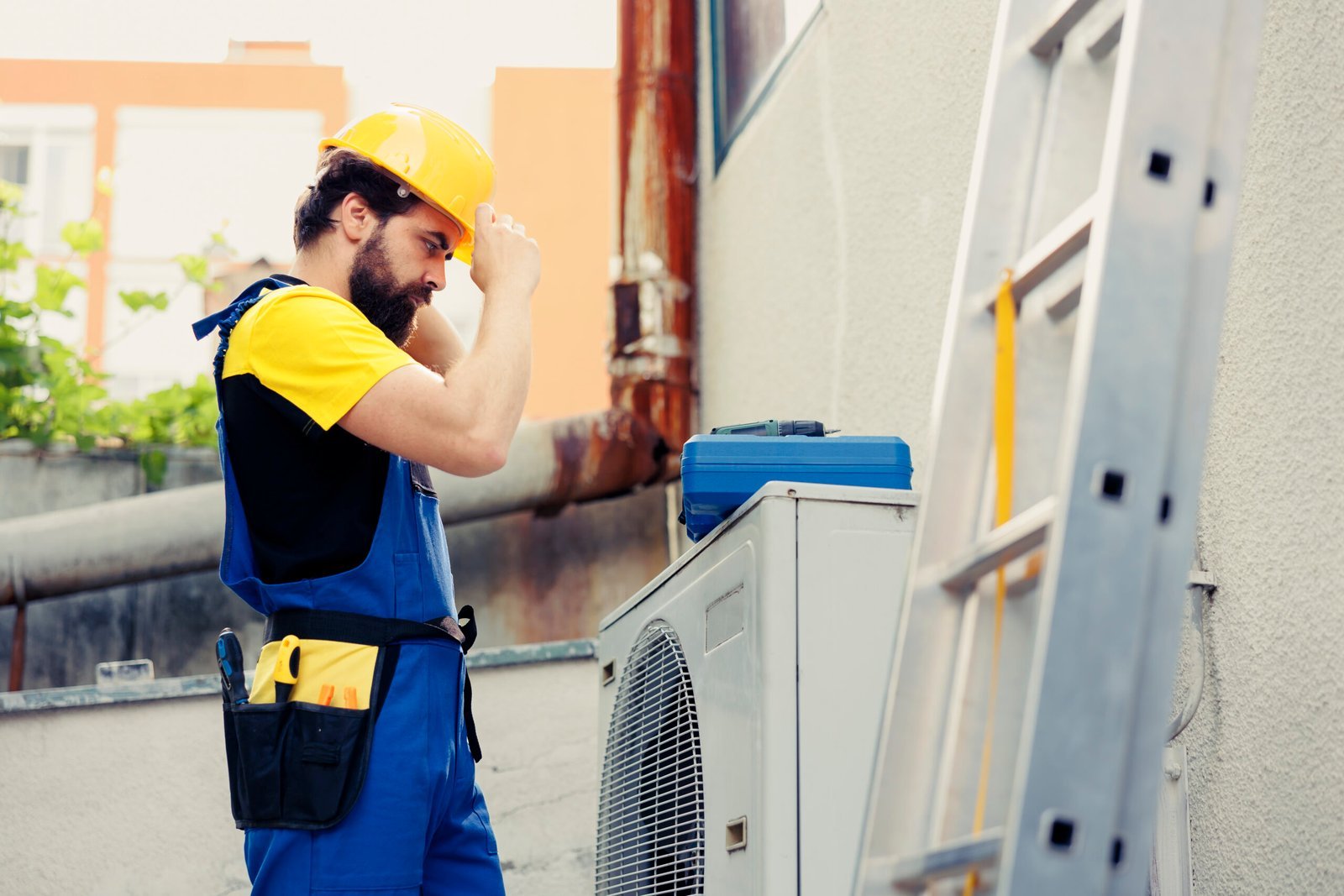 skilled electrician contracted check up outdoor air conditioner starting work shift trained worker wearing protective gear preparing service faulty external hvac system scaled.jpg